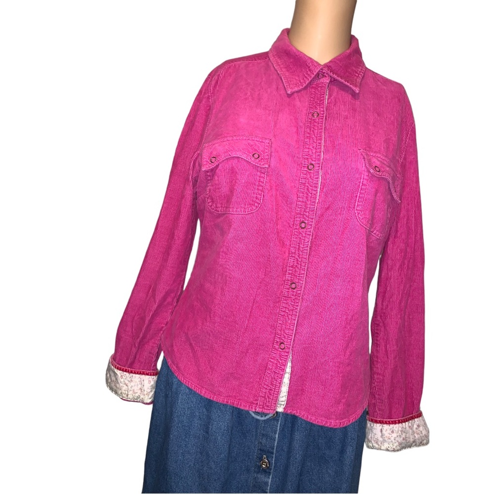 Andrew & Co Pink Corduroy Shirt Floral Detail BarbieCore Style, Size M